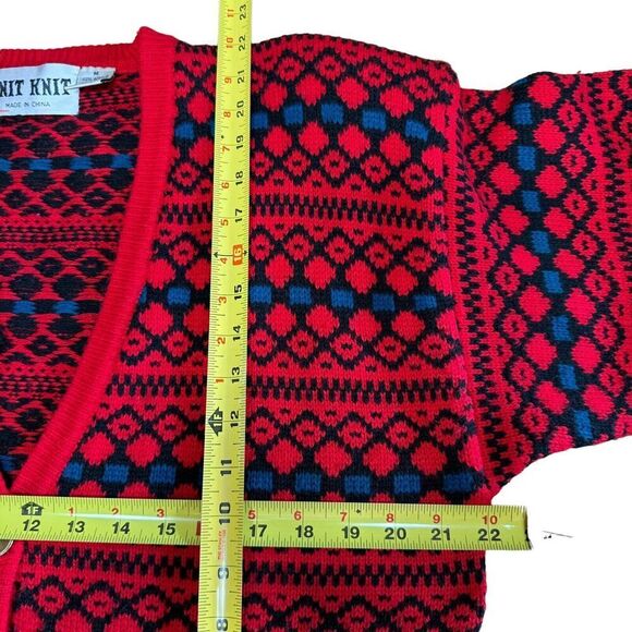 Vtg 80s 90s Cardigan Knit Knit Red Blue Grandpacore Grandmacore M Shoulder Pads - Picture 6 of 8